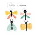 Hello summer. Cartoon butterfly, dragonfly, hand drawing lettering, decor elements. colorful vector illustration, flat style.